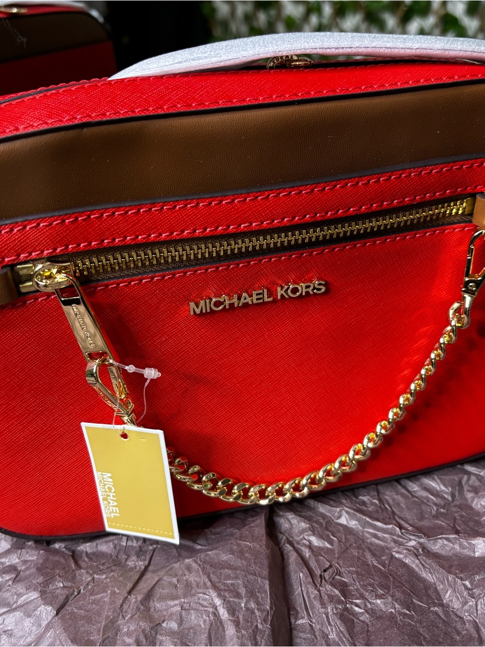 Michael Kors Red and Brown Saffiano Shoulder Bag with Gold Chain